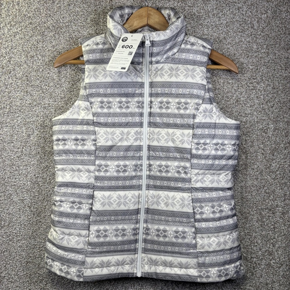 NEW Lands End Vest Women XS Gray Fair Isle 600 Fill Down Puffer Full Zip Quilted